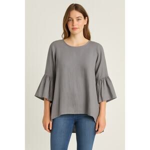 Bryan Walker Women’s Linen Flare Sleeve Blouse Taupe Sz S Minimalist Boho Resort